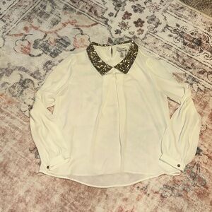 Forever 21 womens cream top with gold sequin collar, size medium